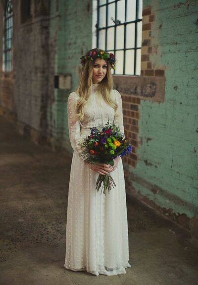 Modest West Polka Dots Country Wedding Dresses High Neck Bohemian Lace Wedding Dress,1154