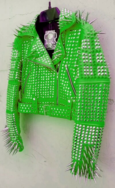 Crafted Leather Men Classy Green Leather Studded Jacket with Silver Studs and Spikes