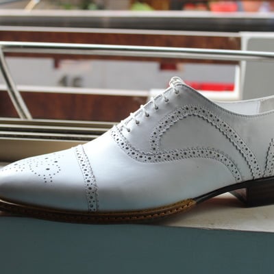 Crafted leather handmade men classic white leather lace up oxford dress shoes - Thumbnail 4
