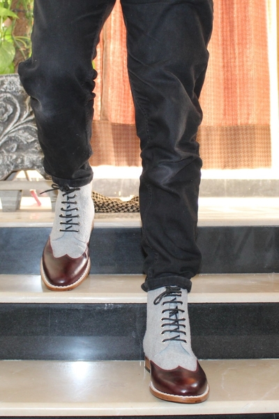 Crafted Leather Handmade Men Brown Tweed Leather Ankle High Wingtip Dress Boot