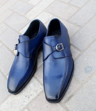 Crafted Leather Handmade Men Blue Leather Monk Strap Dress Shoes