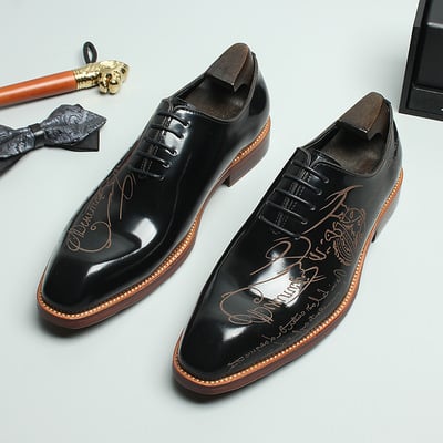 3D Square Head Letter Carved Men's Business Leather Shoes First Layer Cowhide