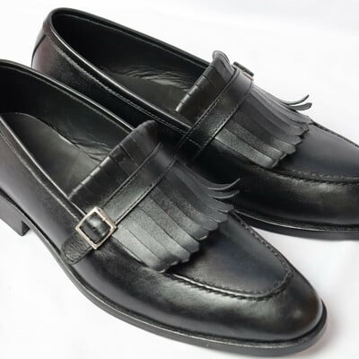 Crafted leather handmade men black leather fringes monk strap dress shoes - Thumbnail 1