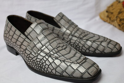 Crafted Leather Handmade Men Gray Crocodile/Alligator Leather Dress Shoes