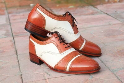 Crafted Leather Handmade Men Classic Brown White Leather Oxford Dress Shoes