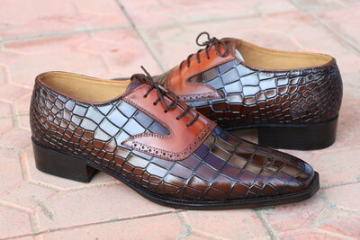 Crafted Leather Handmade Men Brown Crocodile Lace up Dress Shoes