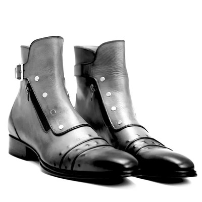 Crafted Leather Handmade Men Classic Gray Leather Jodhpur Boot with Zipper and Button