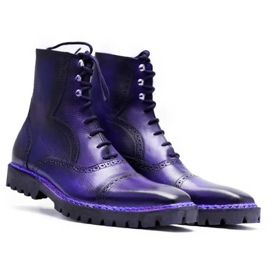 Crafted Leather Handmade Men Classic Blue Leather Norwegian Welted Ankle High Commando Boot