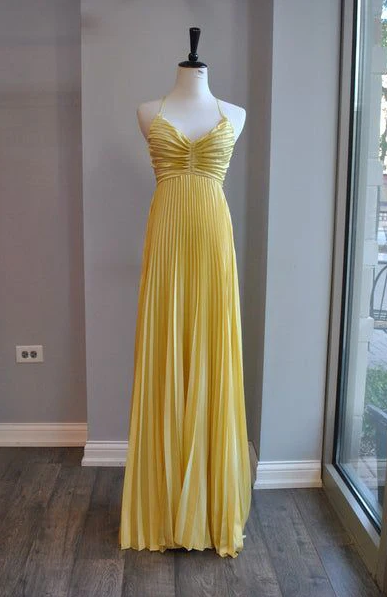 Charming Yellow A-line Pleated Prom Dress,Graduation Dress