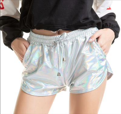 New laser solid color versatile elastic lace-up shorts and leather pants