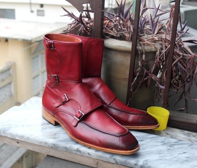 Crafted Leather Handmade Burgundy Leather Buckle Strap Ankle High Boot