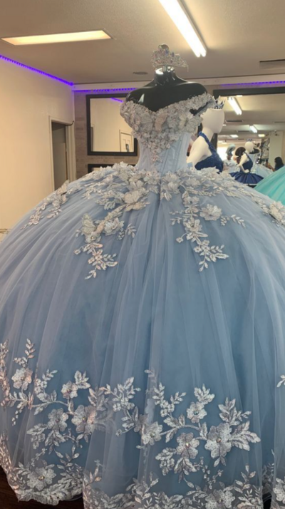 Ball Gown Blue A-line Lace Prom Dress Evening Dress
