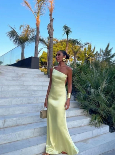 Floor Length Yellow One Shoulder Prom Dresses, Evening Dress