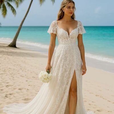 Simple wedding dress, sexy lace appliques beach boho bridal dress bridal gown - Thumbnail 3