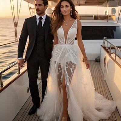 Simple wedding dress, lace v neck beach boho bridal dress bridal gown - Thumbnail 2