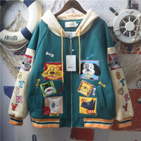 College-style embroidered patchwork color-blocking hooded jacket short coat - Thumbnail 2