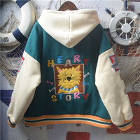 College-style embroidered patchwork color-blocking hooded jacket short coat - Thumbnail 1