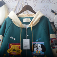 College-style embroidered patchwork color-blocking hooded jacket short coat - Thumbnail 4