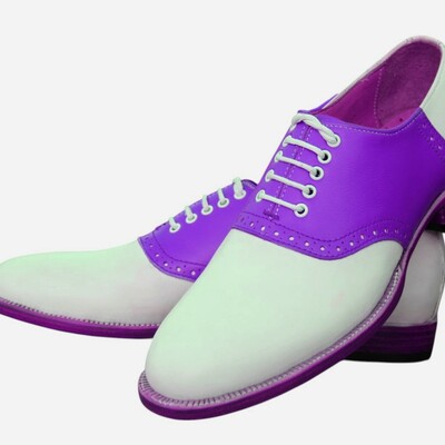 Crafted leather handmade men classic purple white leather oxford dress shoes - Thumbnail 3