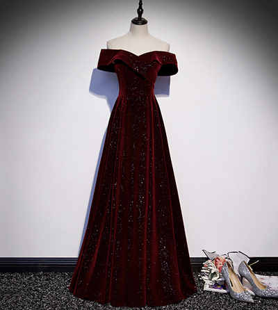 Burgundy velvet long A line prom dress evening dress,1960