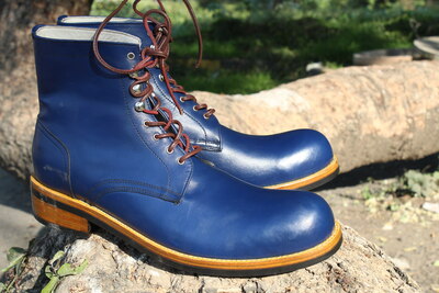 Crafted Leather Handmade Blue Leather Ankle High Boot