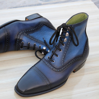 Crafted Leather Handmade Men Blue Grain Leather Ankle High Lace up Balmoral Boot - Thumbnail 1