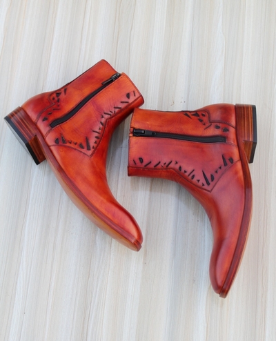 Crafted Leather Handmade Brown Leather Side Zipper Ankle High Jodhpur Boot