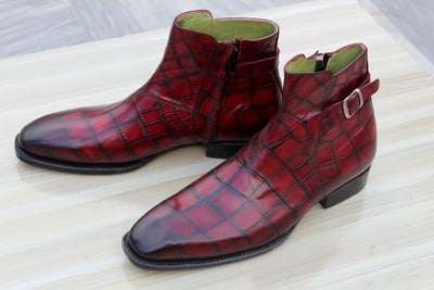 Crafted Leather Handmade Red Crocodile Leather Monk Shoes Side Zipper Ankle High Jodhpur Dress Boot