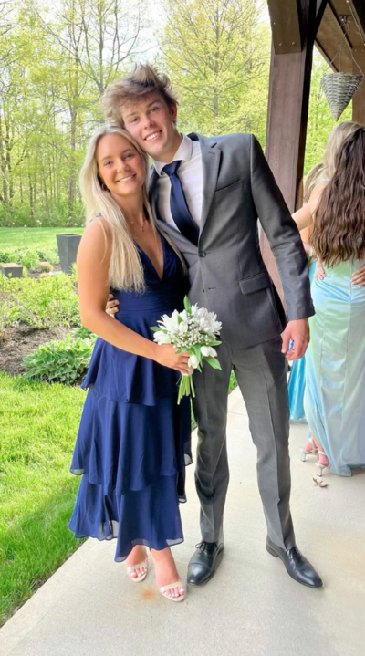 A-line V Neck Navy Blue Tiered Chiffon Prom Dress