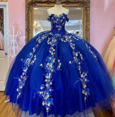 Off the Shoulder Royal Blue Ball Gown Quinceanera Dresses With 3D FLowers Sweet 16 Dress