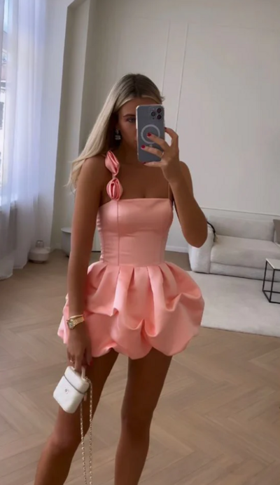 Cute Straps Pink Ruffles Short Homecoming Dress