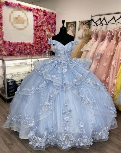 Sparkly Off The Shoulder Light Blue Lace Appliques Prom Dress Quinceañera Dress With Flowers