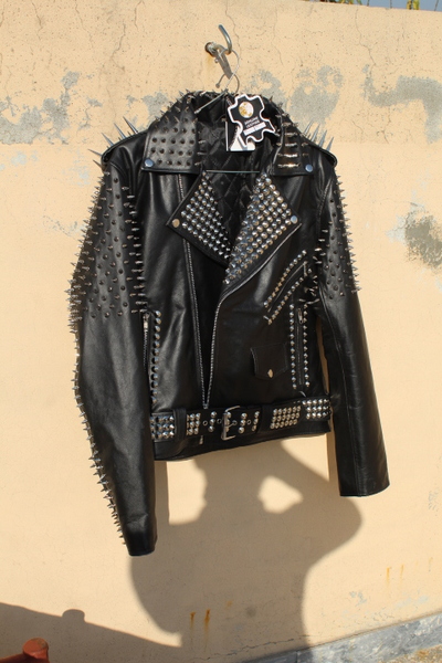 Crafted Leather Women Punk Style Studded Leather Jacket Large Spike Sliver Studs
