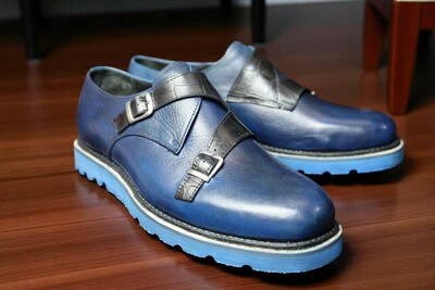 Crafted Leather Handmade Classic Blue Black Crocodile/Alligator Strap Leather Dress Shoes