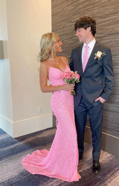 Elegant Mermaid Pink Sequin Long Split Prom Dresses