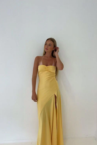 Sexy Spaghetti Straps Sleeveless Yellow Side Split Prom Dresses