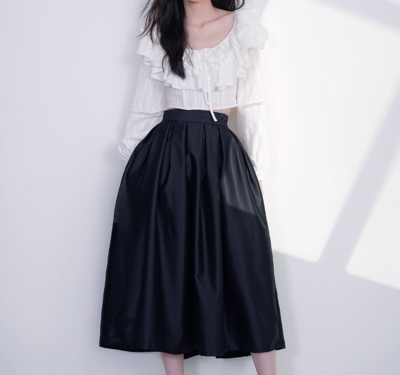 Women Glossy Black Midi Pleated Skirt Winter Black Pleated Holiday Skirt Outfit Custom Plus Size