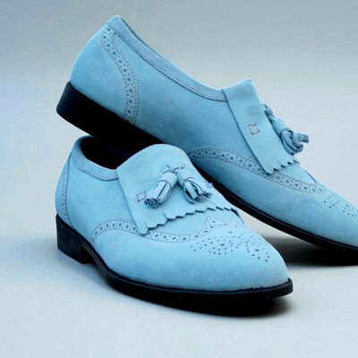 Crafted leather classic blue suede leather loafers dress shoes - Thumbnail 2