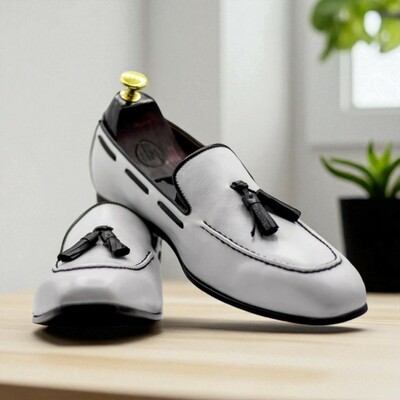 Handmade White Leather Penny Loafer Shoes For Men's