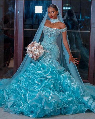 Blue Mermaid Beading Crystals Tiered African Girls Prom Dresses Evening Gowns Formal Party Gowns