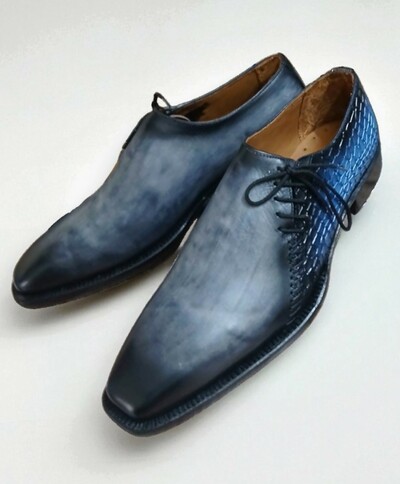 Crafted Leather Handmade Classic Gray Patina Blue Crocodile/Alligator Leather Side Laces Dress Shoes