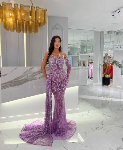 Luxury Purple Sheath Beading Crystals Prom Dresses Evening Gowns Formal Party Gowns