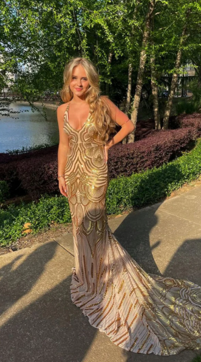 Mermaid Golden Sequin Long Sweep Open Back Prom Dress