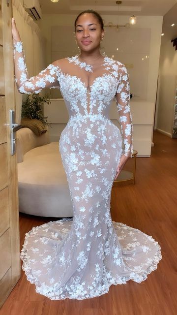 Luxury Wedding Dress, Mermaid Lace Long Sleeve Afrcian Girls Bridal Dress Bridal Gown