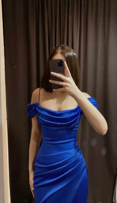 Sheath Spaghetti Straps Elegant Royal Blue Long Prom Dresses