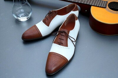 Crafted Leather Classic Brown White Leather Oxford Lace up Dress Formal Shoes