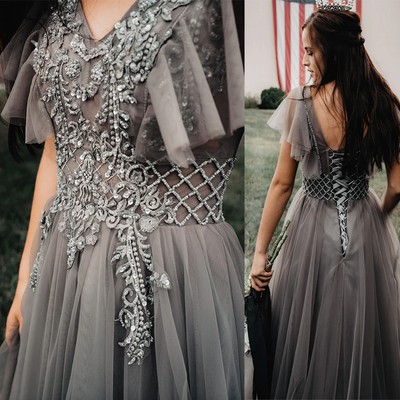 Grey Prom Dresses Full Length with Appliques Pears