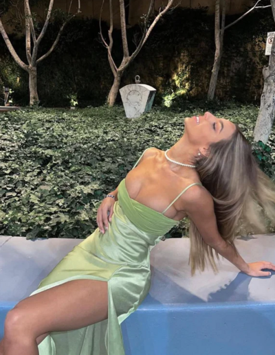 Charming Spaghetti Straps Green Satin Long Prom Dress with Slit