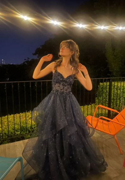 Straps Tulle A-Line Long Prom Dress With Lace