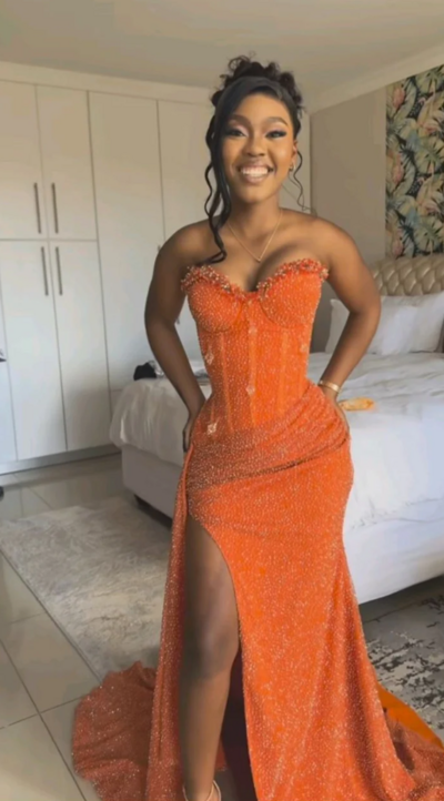 Sweetheart Orange Mermaid Long Split Prom Dresses